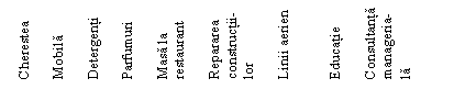 Text Box: Cherestea

Mobila

Detergenti 

Parfumuri

Masa la restaurant

Repararea constructii-
lor

Linii aerien 
 

Educatie 
 
Consultanta manageria-
la
