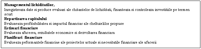 Text Box: Managementul lichiditatilor, 
Inregistreaza date si produce evaluari ale chitantelor de lichiditati, finanteaza si controleaza investitiile pe termen scurt
Repartizarea capitalului 
Evaluaeaza profitabilitatea si impactul financiar ale cheltuielilor propuse
Estimari financiare 
Evalueaza afacerea, rezultatele economice si dezvoltarea financiara
Planificari financiare
Evalueaza peformantele financiae ale proiectelor actuale si necesitatile financiare ale afacerii
