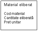 Text Box: Material eliberat

Cod material
Cantitate eliberata
Pret unitar

