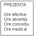 Text Box: PREZENŢA

Ore efective
Ore absenta
Ore concediu
Ore medical
