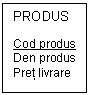 Text Box: PRODUS

Cod produs
Den produs
Pret livrare
