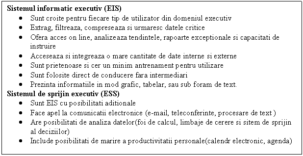 Text Box: Sistemul informatic executiv (EIS)
. Sunt croite pentru fiecare tip de utilizator din domeniul executiv
. Extrag, filtreaza, compreseaza si urmaresc datele critice
. Ofera acces on line, analizeaza tendintele, rapoarte exceptionale si capacitati de instruire
. Acceseaza si integreaza o mare cantitate de date interne si externe 
. Sunt prietenoase si cer un minim antrenament pentru utilizare
. Sunt folosite direct de conducere fara intermediari
. Prezinta informatiile in mod grafic, tabelar, sau sub foram de text.
Sistemul de sprijin executiv (ESS)
. Sunt EIS cu posibilitati aditionale
. Face apel la comunicatii electronice (e-mail, teleconferinte, procesare de text )
. Are posibilitati de analiza datelor(foi de calcul, limbaje de cerere si sitem de sprijin al deciziilor)
. Include posibilitati de marire a productivitatii personale(calendr electronic, agenda)



