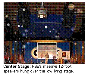 Text Box:  
Center Stage: RSE's massive 12-foot speakers hung over the low-lying stage.
