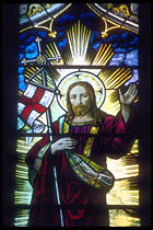 Stained glass from Rochester Cathedral in Kent, England, incorporating the Flag of England