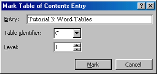 [Mark Table of Contents Entry window]