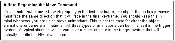 Text Box: A Note Regarding the Move Command
Please note that in order to work properly in the first key frame, the object that is being moved must face the same direction that it will face in the final keyframe. You should keep this in mind whenever you are using move animations. This is not the case for either the object animations or camera animations. All three types of animations can be initialized in the trigger system. A typical situation will let you have a block of code in the trigger system that will actually handle the NISlet animation.

