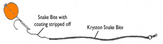 Snake Bite Rig Here's a rig which I use quite a lot and you can make with Kryston's Snake Bite. The stiff part of the rig makes sure the rig straightens out as it lands on the bottom and helps to avoid tangles. An inch to two inches of the snake bite before the hook has been stripped off, this lets the bait behave naturally in the water. If I decide to use a pop-up I put the counter-balance on the end of the stiff part just before the point where it is stripped off.